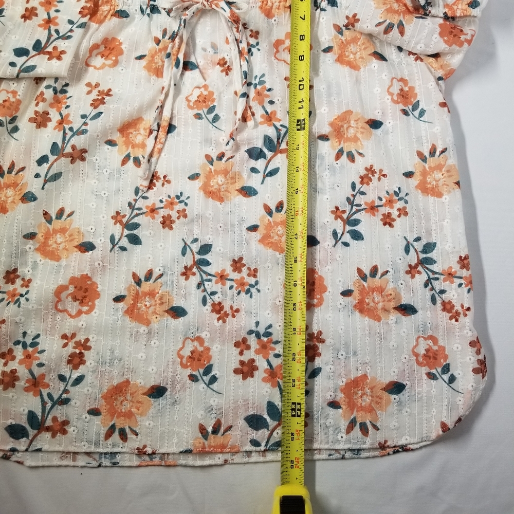 Solitaire Woman Size M Blouse V Neck String Tie Long Sleeve Sheer Floral Pint - Picture 6 of 11